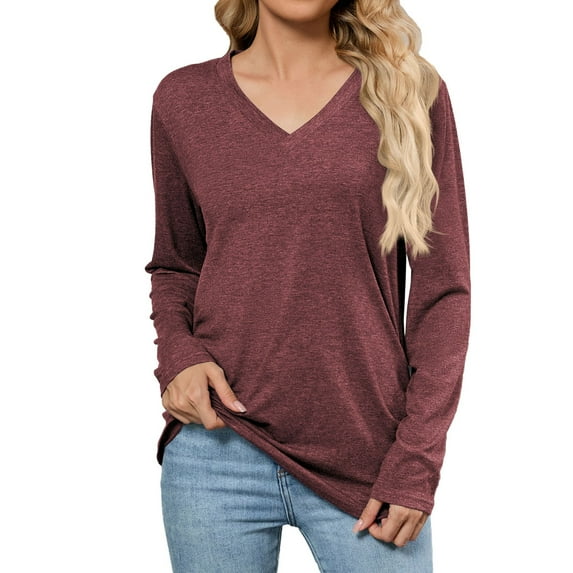MIXUE Boho Tops For Women Autumn Winter Solid Color V Neck Long Sleeve Soft Casual Basic Pullover Shirts For Women T Shirts Daily-Wear,Red,XL
