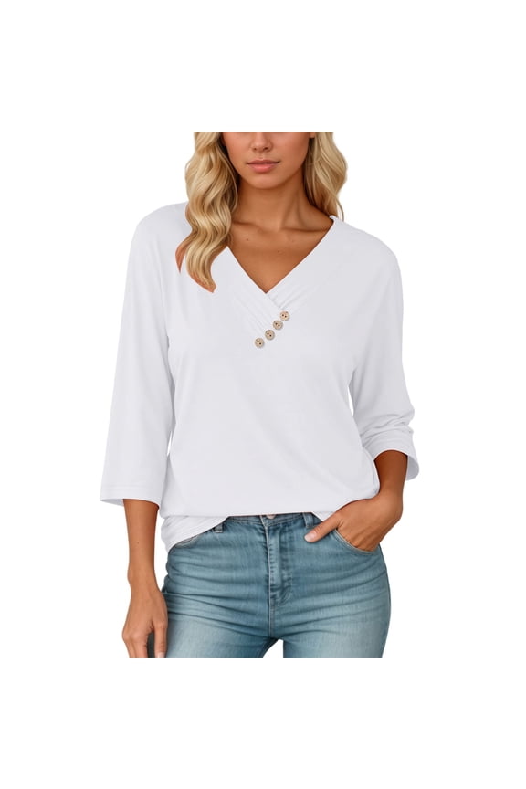 Boho Tops For Women Autumn Winter Solid Color V Neck Long Sleeve Trendy Casual Pullover Shirts For Women T-shirts Outwear,White,L