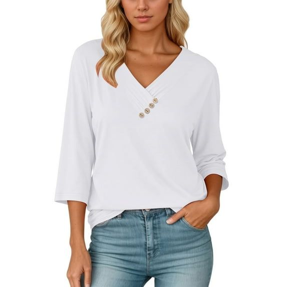 MIXUE Boho Tops For Women Autumn Winter Solid Color V Neck Long Sleeve Trendy Casual Pullover Shirts For Women Tshirts Streetwear,White,M