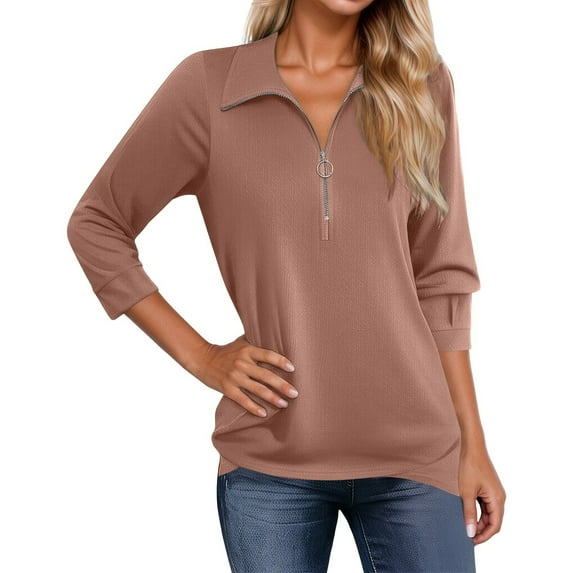 MIXUE Boho Tops For Women Autumn Winter Solid Color V Neck Zipper Long Sleeve Slim Casual Business Tunic Tee Shirts Sportswear,Gold,L