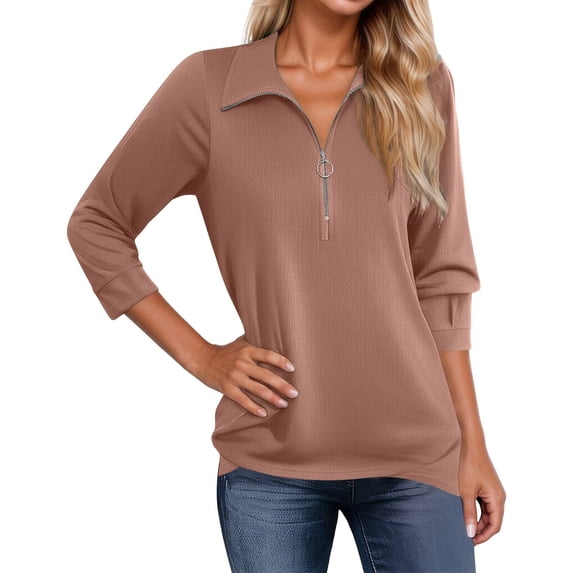 MIXUE Boho Tops For Women Autumn Winter Solid Color V Neck Zipper Long Sleeve Slim Casual Business Tunic Tshirts Outwear,Gold,XXL