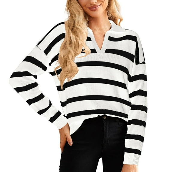 MIXUE Boho Tops For Women Autumn Winter Striped Print Round Neck Long Sleeve Casual Tee Shirts Holiday Wear,White,L