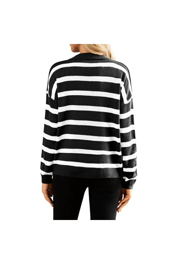 Boho Tops For Women Autumn Winter Striped Print Round Neck Long Sleeve Casual Tshirts Outwear,Black,M