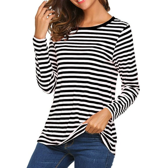 MIXUE Boho Tops For Women Autumn Winter Striped Print Round Neck Long Sleeve Slim Fit Casual Tunic Shirts For Women Tee Shirts Streetwear,Black,L
