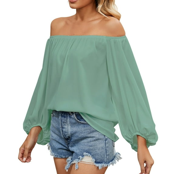 MIXUE Boho Tops For Women Summer Chiffon Solid Color Off Shoulder Long Sleeve Loose Fit Casual T-shirts Streetwear,Green,M