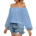 thumbnail image 1 of MIXUE Boho Tops For Women Summer Chiffon Solid Color Off Shoulder Long Sleeve Loose Fit Casual Tee Shirts Daily-Wear,Blue,L, 1 of 6