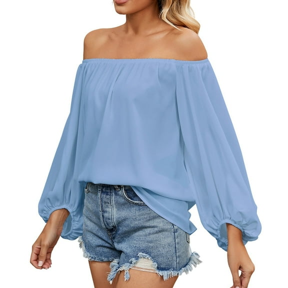 MIXUE Boho Tops For Women Summer Chiffon Solid Color Off Shoulder Long Sleeve Loose Fit Casual Tshirts Streetwear,Blue,XXL