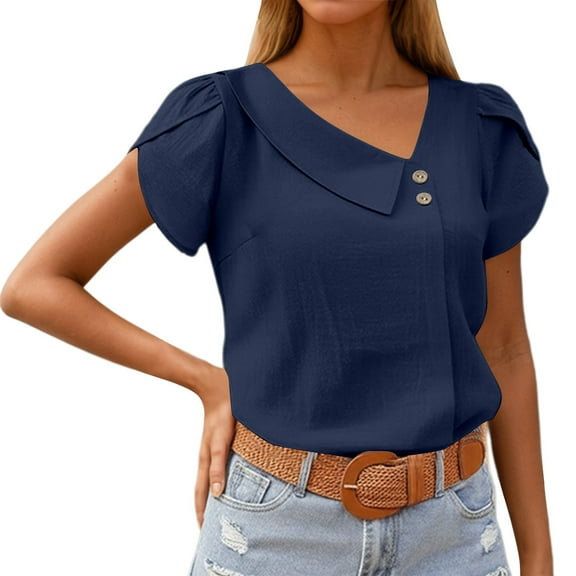 MIXUE Boho Tops For Women Summer Knit Solid Color V Neck Short Sleeve Casual T-shirts Streetwear,Blue,XXL