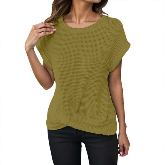 MIXUE Boho Tops For Women Summer Knitted Solid Color Round Neck Short Sleeve Casual Basic Pullover Shirts For Women Tee Shirts Holiday Wear,Green,S