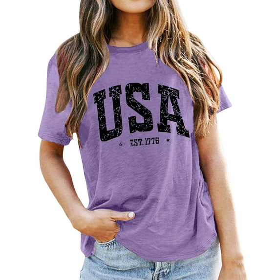 MIXUE Boho Tops For Women Summer Letter Print Round Neck Short Sleeve Soft Trendy Casual Pullover Shirts For Women T Shirts Sportswear,Purple,XXL