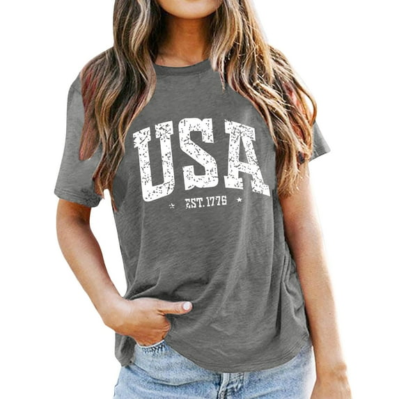 MIXUE Boho Tops For Women Summer Letter Print Round Neck Short Sleeve Soft Trendy Casual Pullover Shirts For Women T-shirts Activewear,Gray,XL