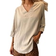 thumbnail image 1 of MIXUE Boho Tops For Women Summer Linen Solid Color V Neck Short Sleeve Casual Pullover Shirts For Women Tee Shirts Holiday Wear,Beige,XXXL, 1 of 5