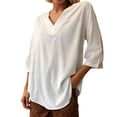 thumbnail image 1 of MIXUE Boho Tops For Women Summer Linen Solid Color V Neck Short Sleeve Casual Pullover Shirts For Women Tshirts Activewear,White,M, 1 of 5