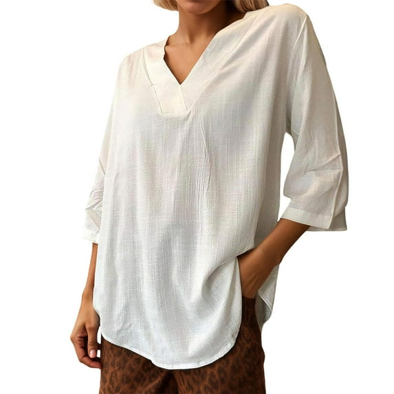 MIXUE Boho Tops For Women Summer Linen Solid Color V Neck Short Sleeve Casual Pullover Shirts For Women Tshirts Activewear,White,M