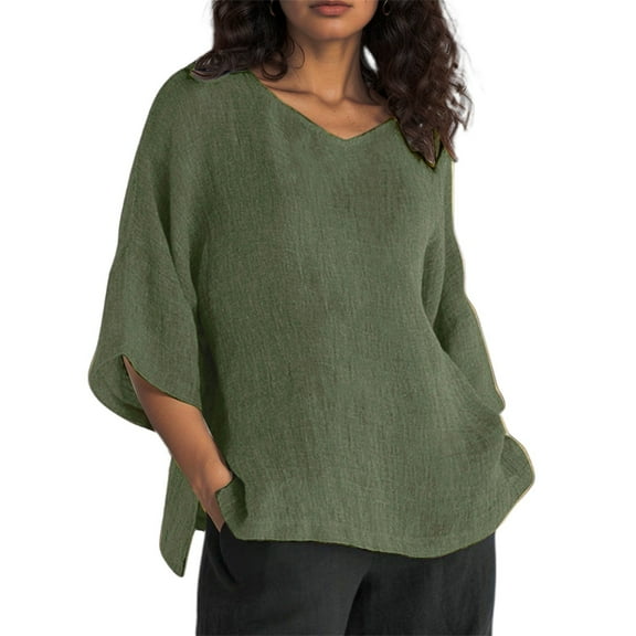 MIXUE Boho Tops For Women Summer Linen Solid Color V Neck Short Sleeve Fashion Loose Casual T Shirts Sportswear,Green,L
