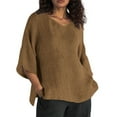 thumbnail image 1 of MIXUE Boho Tops For Women Summer Linen Solid Color V Neck Short Sleeve Fashion Loose Casual T-shirts Streetwear,Brown,M, 1 of 5
