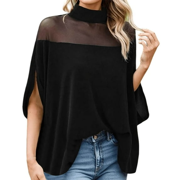 MIXUE Boho Tops For Women Summer Mesh Solid Color Off Shoulder Batwing Sleeve Fashion Casual Pullover Shirts For Women T-shirts Activewear,Black,XL