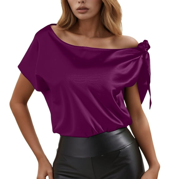 MIXUE Boho Tops For Women Summer Satin Solid Color Off Shoulder Sleeveless Vest T-shirts Streetwear,Purple,L