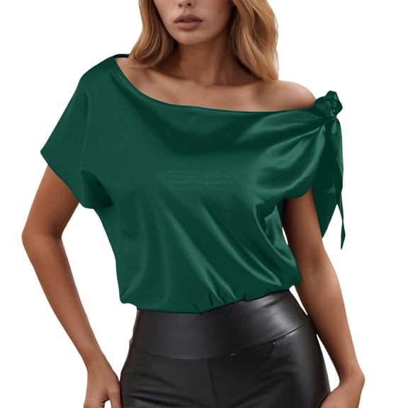 MIXUE Boho Tops For Women Summer Satin Solid Color Off Shoulder Sleeveless Vest Tee Shirts Daily-Wear,Green,M