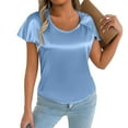 thumbnail image 1 of MIXUE Boho Tops For Women Summer Satin Solid Color Round Neck Short Sleeve Loose Fit Casual T Shirts Sportswear,Blue,S, 1 of 6