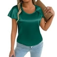 thumbnail image 1 of MIXUE Boho Tops For Women Summer Satin Solid Color Round Neck Short Sleeve Loose Fit Casual Tee Shirts Daily-Wear,Green,L, 1 of 6