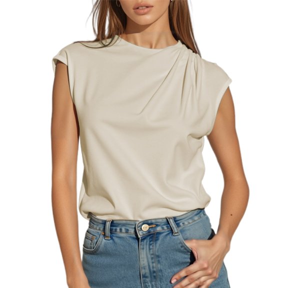 MIXUE Boho Tops For Women Summer Satin Solid Color Round Neck Sleeveless Casual Basic Tshirts Outwear,Beige,XL