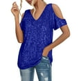 thumbnail image 1 of MIXUE Boho Tops For Women Summer Sequins Solid Color V Neck Short Sleeve Loose Tee Shirts Daily-Wear,Blue,M, 1 of 5