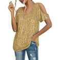 thumbnail image 1 of MIXUE Boho Tops For Women Summer Sequins Solid Color V Neck Short Sleeve Loose Tshirts Streetwear,Yellow,S, 1 of 5