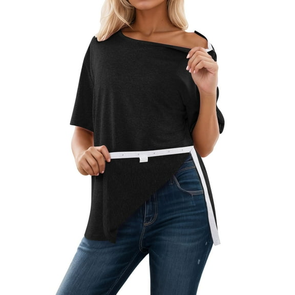 MIXUE Boho Tops For Women Summer Solid Color Button Front Short Sleeve Soft Casual Pullover Shirts For Women Tshirts Streetwear,Black,L