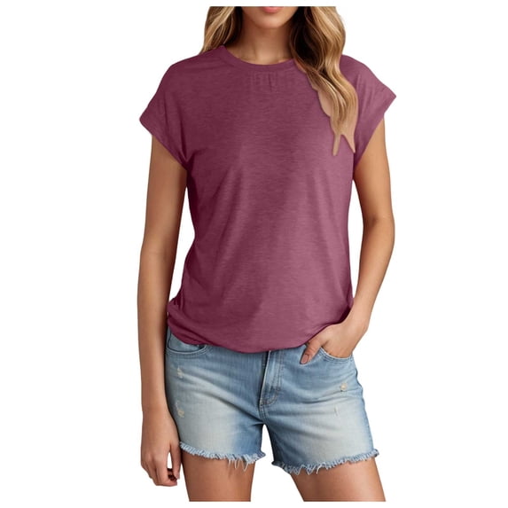 MIXUE Boho Tops For Women Summer Solid Color Crew Neck Short Sleeve Fashion Casual Shirts For Women T Shirts Sportswear,Purple,XL