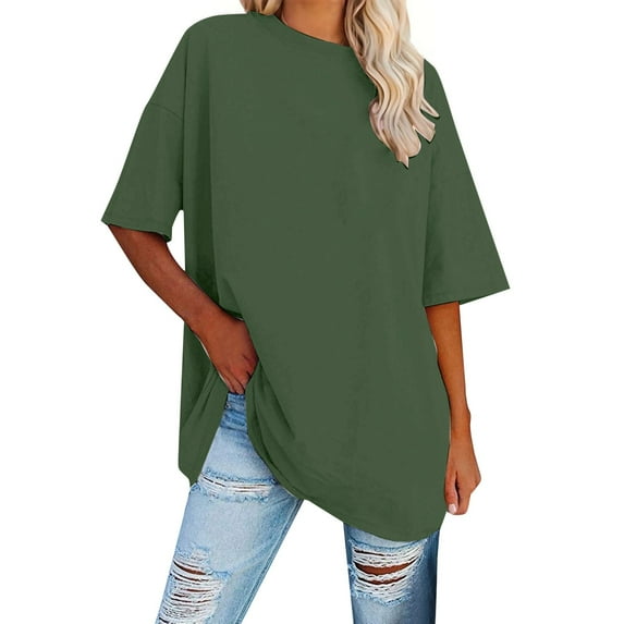 MIXUE Boho Tops For Women Summer Solid Color Crew Neck Short Sleeve Loose Casual Shirts For Women T Shirts Daily-Wear,Green,XXL