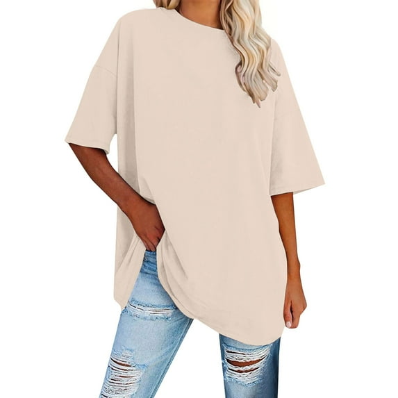 MIXUE Boho Tops For Women Summer Solid Color Crew Neck Short Sleeve Loose Casual Shirts For Women T Shirts Sportswear,Beige,XXL