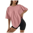 thumbnail image 1 of MIXUE Boho Tops For Women Summer Solid Color Crew Neck Short Sleeve Loose Casual Shirts For Women Tshirts Streetwear,Pink,XL, 1 of 3