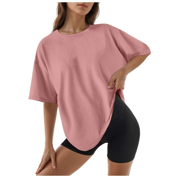 MIXUE Boho Tops For Women Summer Solid Color Crew Neck Short Sleeve Loose Casual Shirts For Women Tshirts Streetwear,Pink,XL