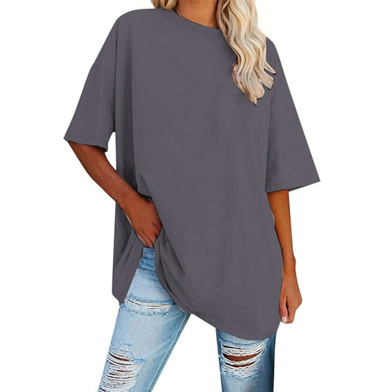 MIXUE Boho Tops For Women Summer Solid Color Crew Neck Short Sleeve Sports Casual Shirts For Women Tshirts Streetwear,Gray,L