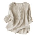 thumbnail image 1 of MIXUE Boho Tops For Women Summer Solid Color Floral Embroidered Round Neck Long Sleeve Casual Tee Shirts Holiday Wear,Beige,M, 1 of 3