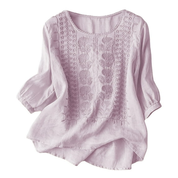MIXUE Boho Tops For Women Summer Solid Color Floral Embroidered Round Neck Long Sleeve Casual Tshirts Activewear,Pink,L