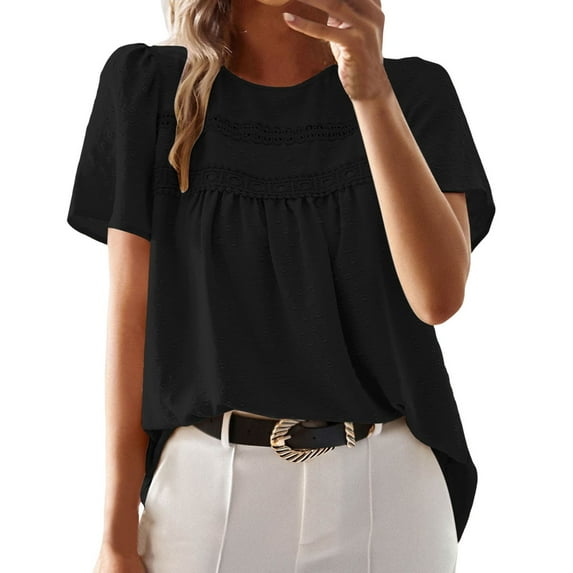 MIXUE Boho Tops For Women Summer Solid Color Lace Crew Neck Short Sleeve Pullover Shirts For Women Tee Shirts Holiday Wear,Black,L