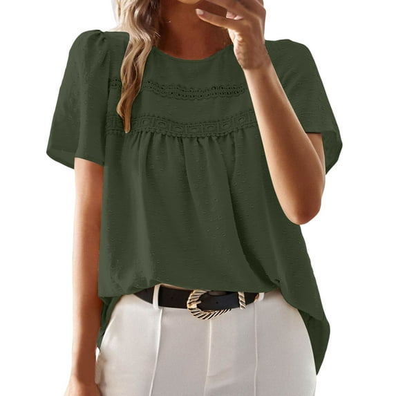 MIXUE Boho Tops For Women Summer Solid Color Lace Crew Neck Short Sleeve Pullover Shirts For Women Tshirts Activewear,Green,M