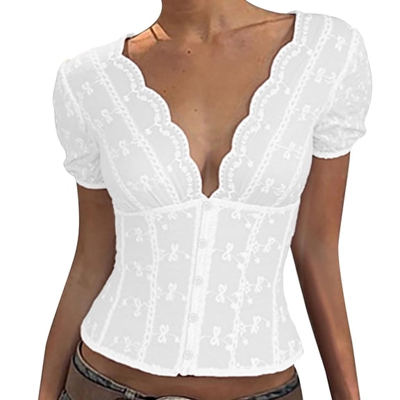 MIXUE Boho Tops For Women Summer Solid Color Lace V Neck Short Sleeve Trendy Pullover Shirts For Women Tshirts Streetwear,White,M