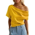 thumbnail image 1 of MIXUE Boho Tops For Women Summer Solid Color Off Shoulder Ruffled Short Sleeve Casual Basic Pullover Shirts For Women T-shirts Outwear,Yellow,M, 1 of 9