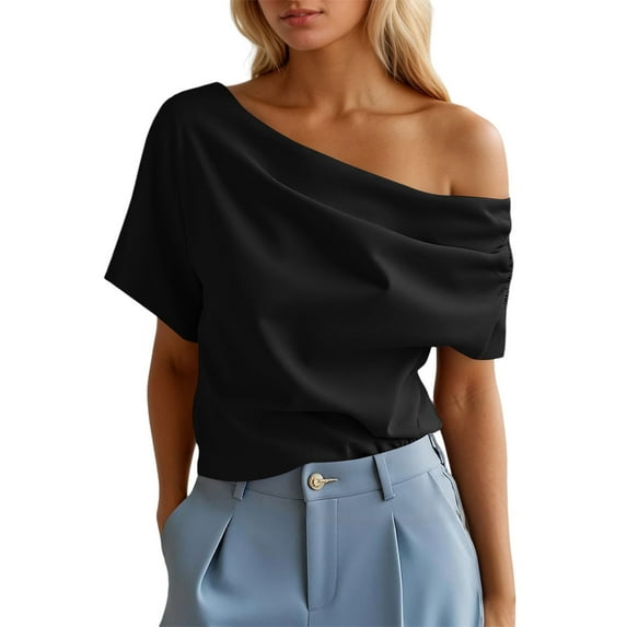 MIXUE Boho Tops For Women Summer Solid Color Off Shoulder Ruffled Short Sleeve Casual Basic Pullover Shirts For Women Tee Shirts Sportswear,Black,S