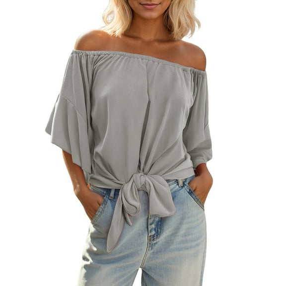 MIXUE Boho Tops For Women Summer Solid Color Off Shoulder Short Sleeve Loose Casual T-shirts Activewear,Gray,M