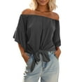 thumbnail image 1 of MIXUE Boho Tops For Women Summer Solid Color Off Shoulder Short Sleeve Loose Casual Tee Shirts Holiday Wear,Black,L, 1 of 5