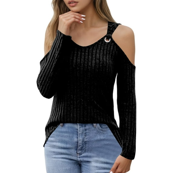 MIXUE Boho Tops For Women Summer Solid Color Ribbed V Neck Off Shoulder Long Sleeve Sexy Fashion T Shirts Sportswear,Black,L