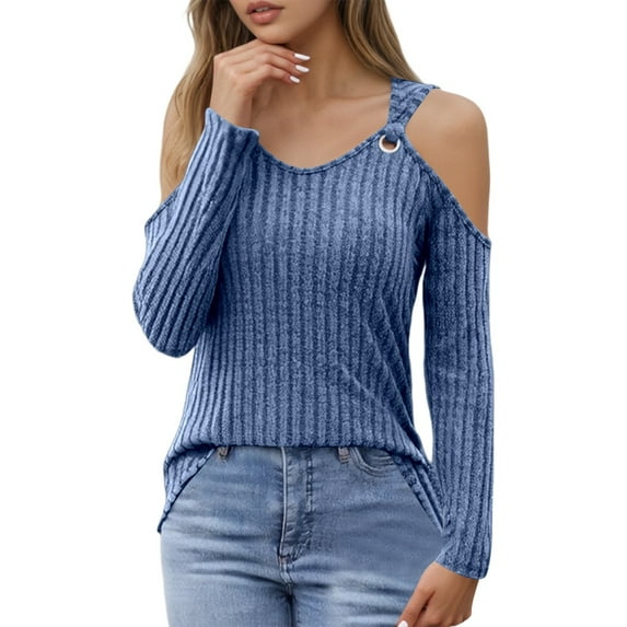 MIXUE Boho Tops For Women Summer Solid Color Ribbed V Neck Off Shoulder Long Sleeve Sexy Fashion Tee Shirts Sportswear,Blue,XXL