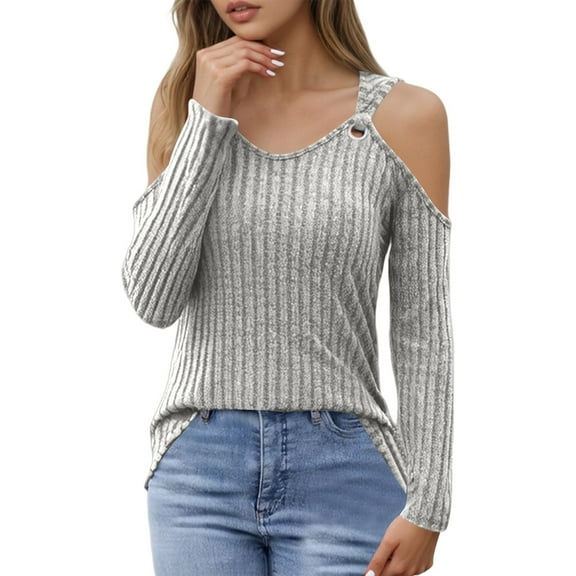 MIXUE Boho Tops For Women Summer Solid Color Ribbed V Neck Off Shoulder Long Sleeve Sexy Fashion Tshirts Streetwear,Gray,L