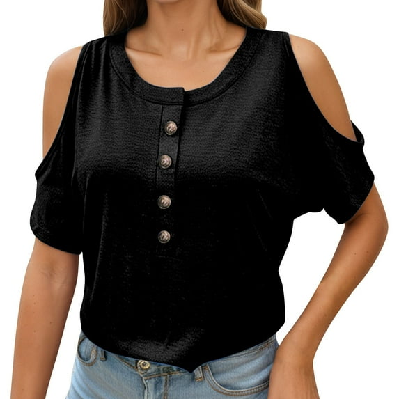MIXUE Boho Tops For Women Summer Solid Color Round Neck Button Off Shoulder Short Sleeve Tee Shirts Sportswear,Black,L