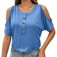 thumbnail image 1 of MIXUE Boho Tops For Women Summer Solid Color Round Neck Button Off Shoulder Short Sleeve Tshirts Outwear,Blue,M, 1 of 4