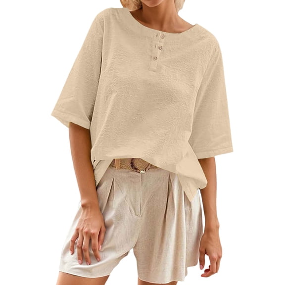 MIXUE Boho Tops For Women Summer Solid Color Round Neck Button Short Sleeve Casual Pullover Shirts For Women T Shirts Sportswear,Yellow,XXL